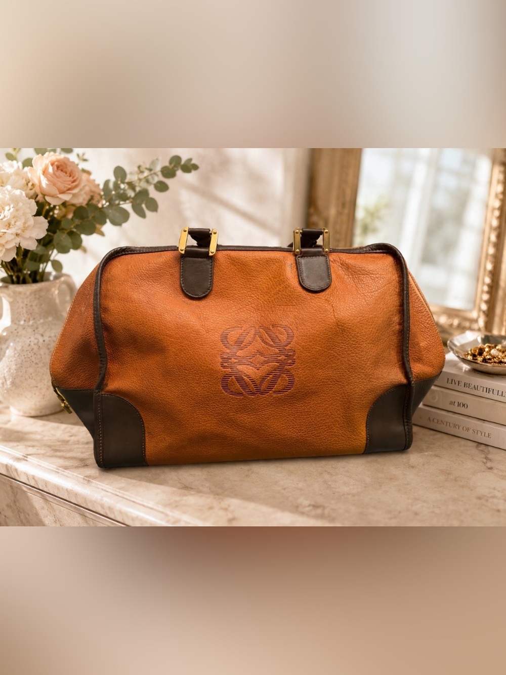 Authentic Vintage Loewe Amazona Style Satchel Bag Cognac Leather Spain